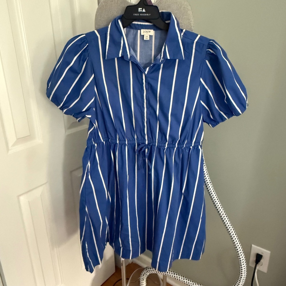 J.Crew Factory Blue White Striped Puff Sleeve Mini Dress Size 14 Preppy Coastal